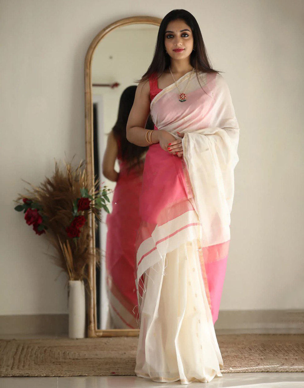White Soft Cotton Saree With Golden Zari Weaving