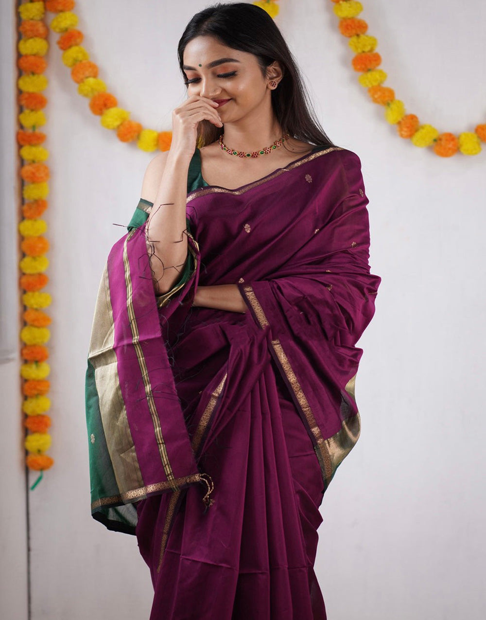 Magenta Cotton Silk Saree With Zari Weaving Work