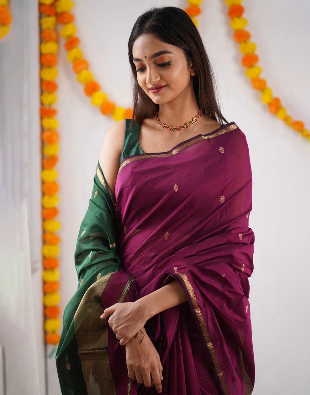 Magenta Cotton Silk Saree With Zari Weaving Work