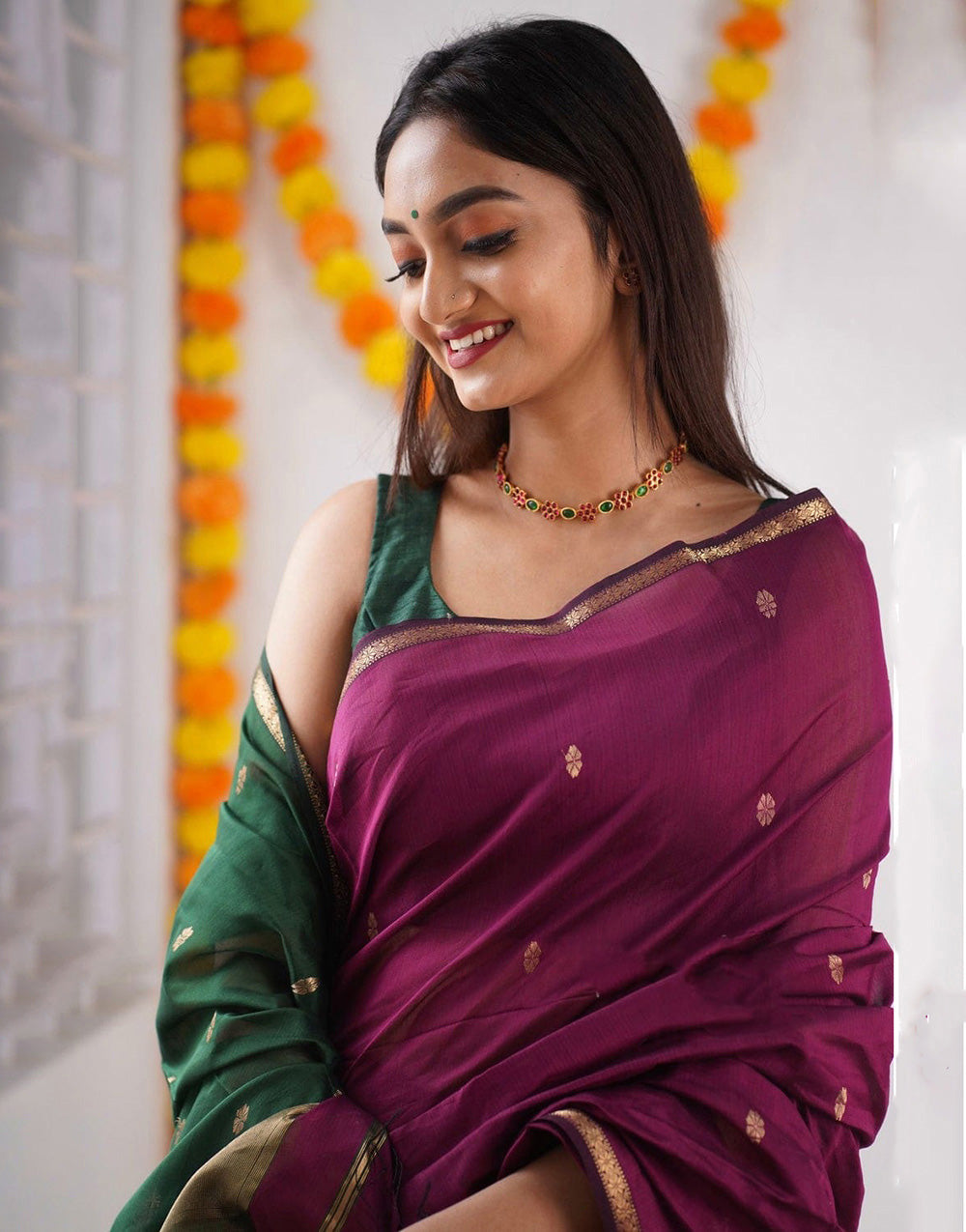 Magenta Cotton Silk Saree With Zari Weaving Work