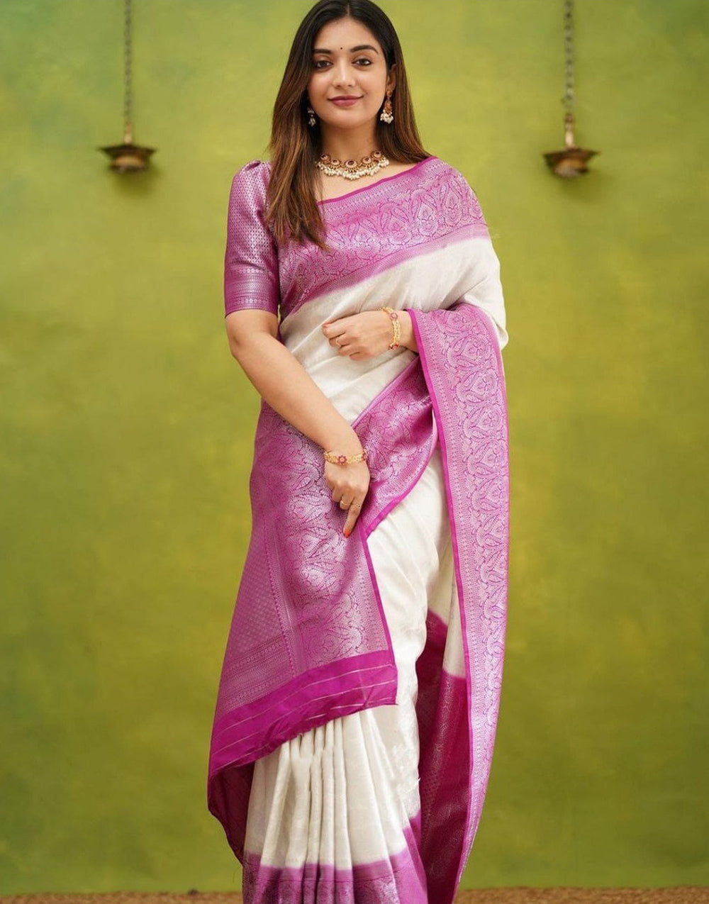 White & Magenta Soft Lichi Silk Saree With Zari weaving Work