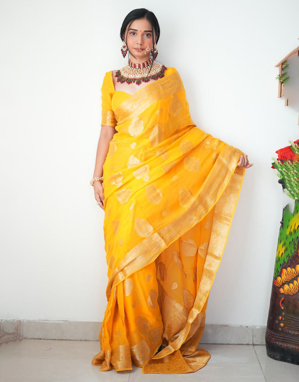 Yellow Cotton Silk Ready To Wear saree