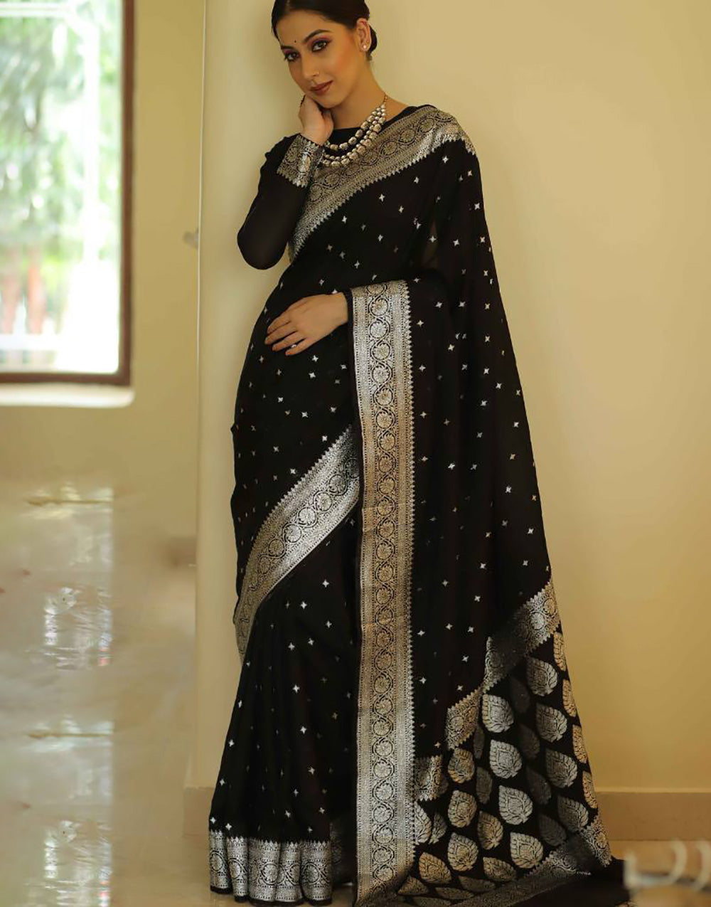 Black Soft Cotton Silk With Zari Weaving Work
