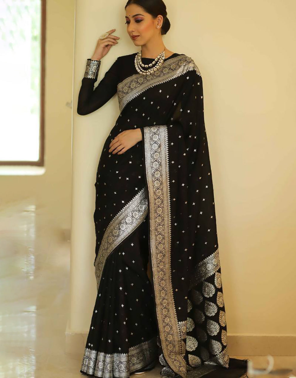 Black Soft Cotton Silk With Zari Weaving Work