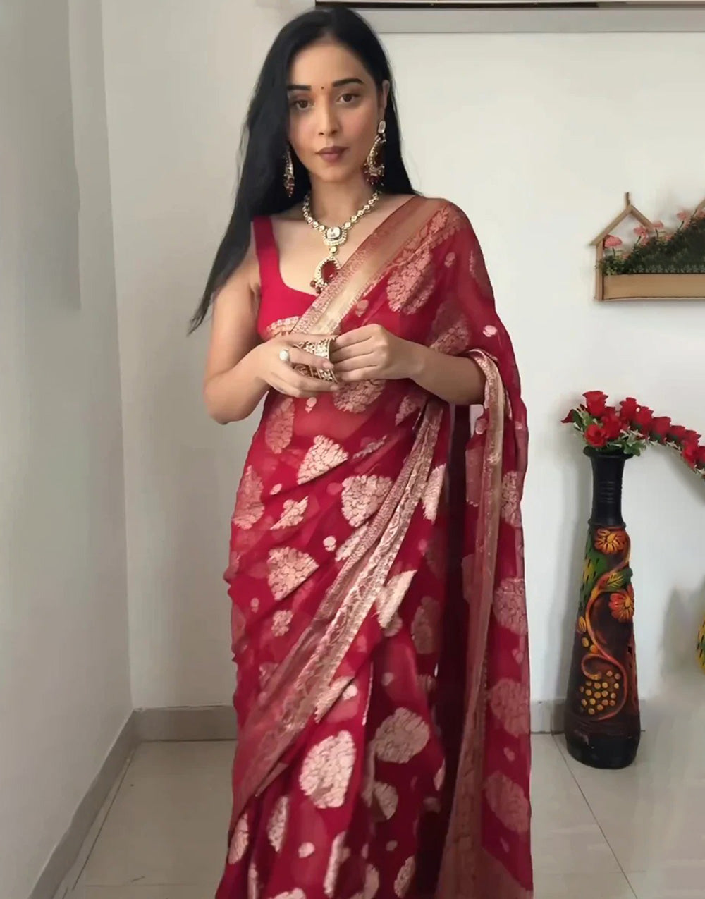 Red Soft Cotton Ready To Wear Saree