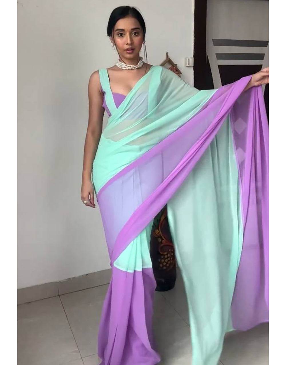 Sky Blue & Lavender Georgette Saree With Plain Work