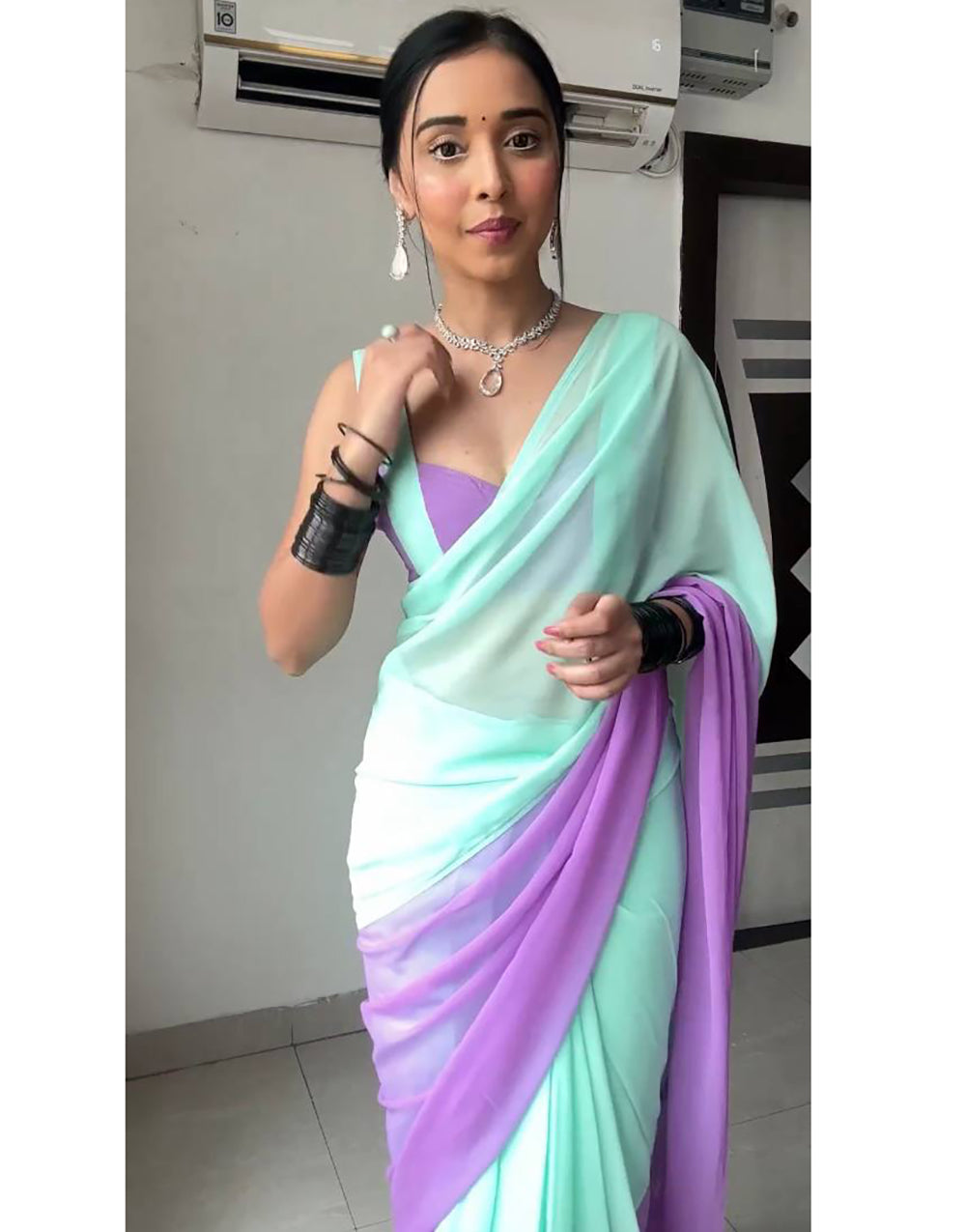 Sky Blue & Lavender Georgette Saree With Plain Work
