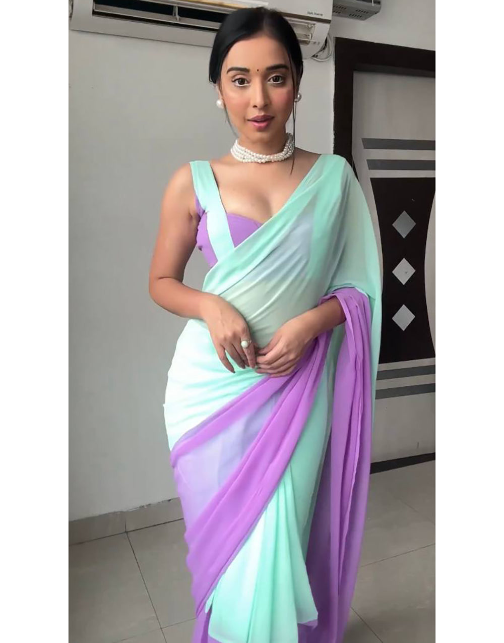 Sky Blue & Lavender Georgette Saree With Plain Work