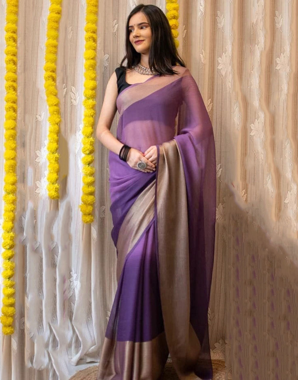 1 Min In Ready To Wear Mauve Purple Chiffon Silk Two Shad Saree