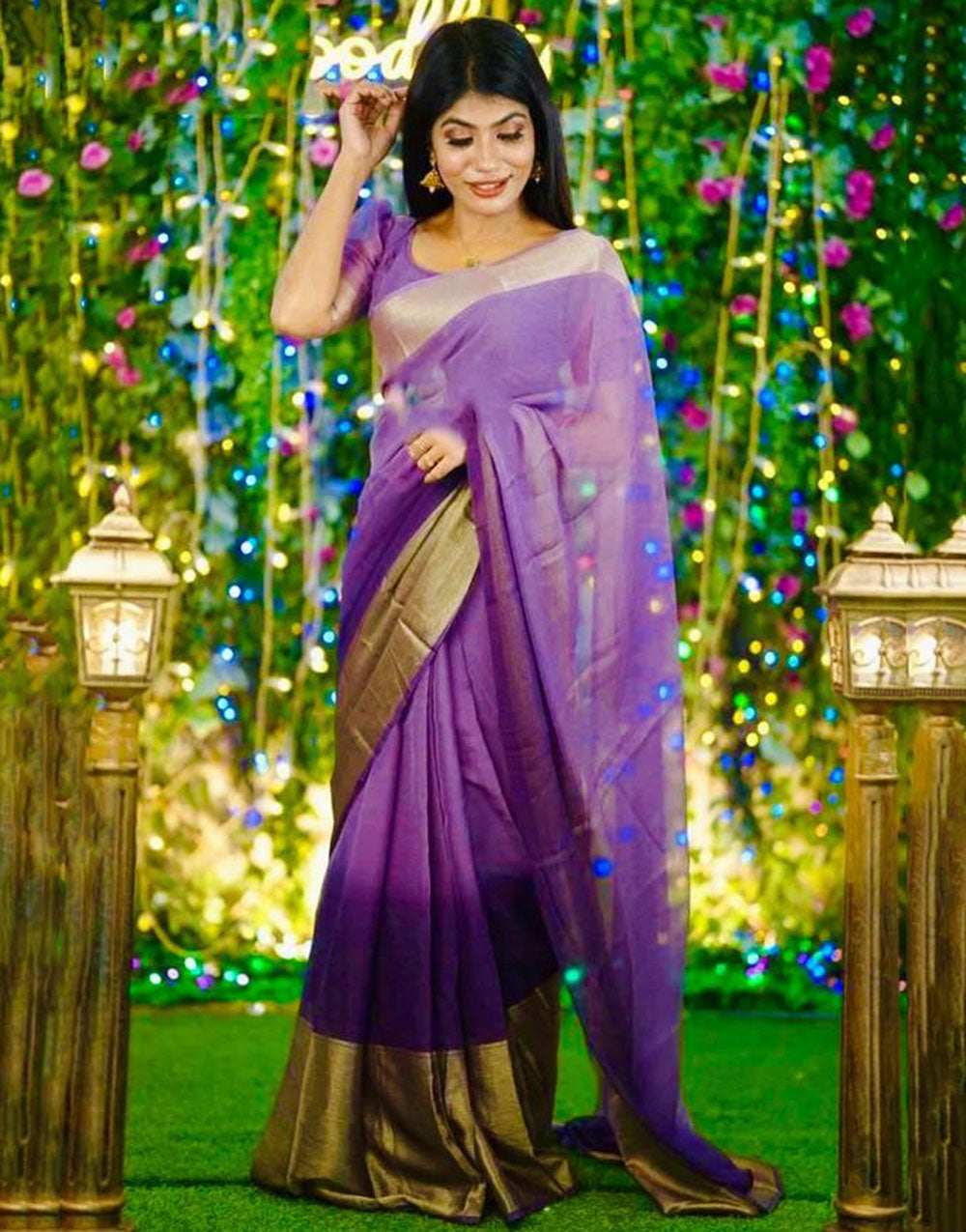 1 Min In Ready To Wear Mauve Purple Chiffon Silk Two Shad Saree