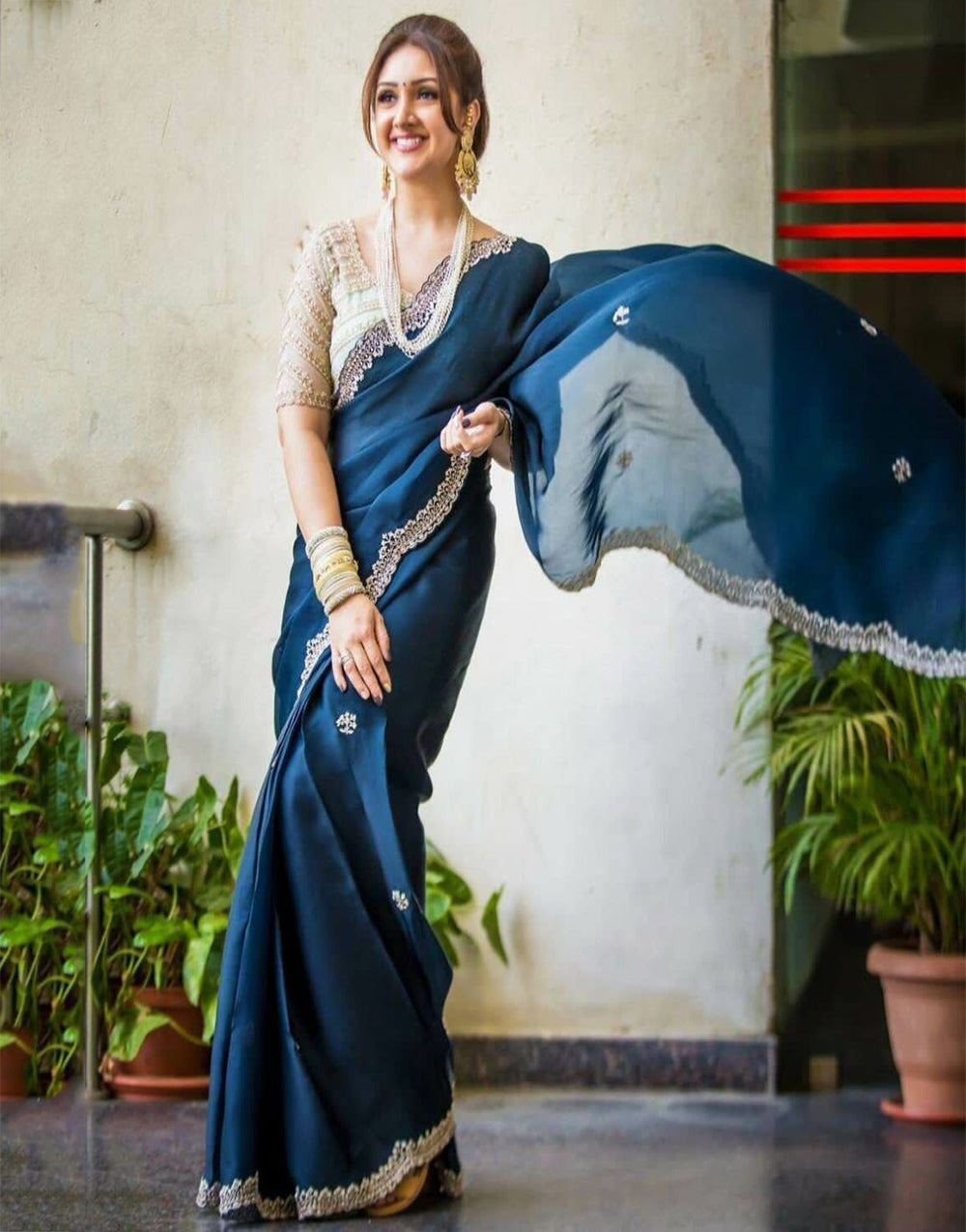 Oxford Blue Georgette Saree With Embroidery Work