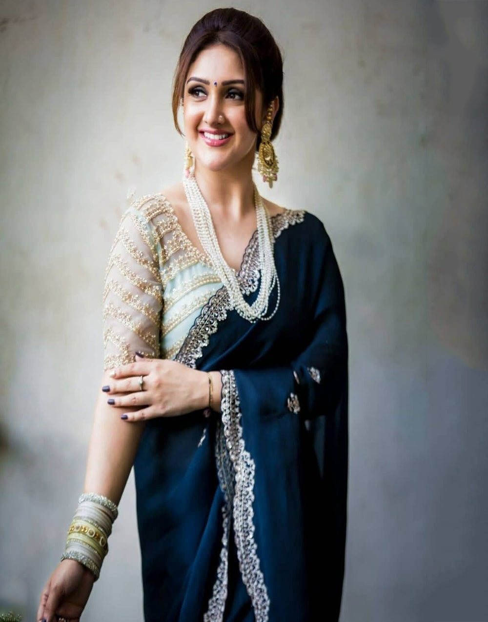 Oxford Blue Georgette Saree With Embroidery Work