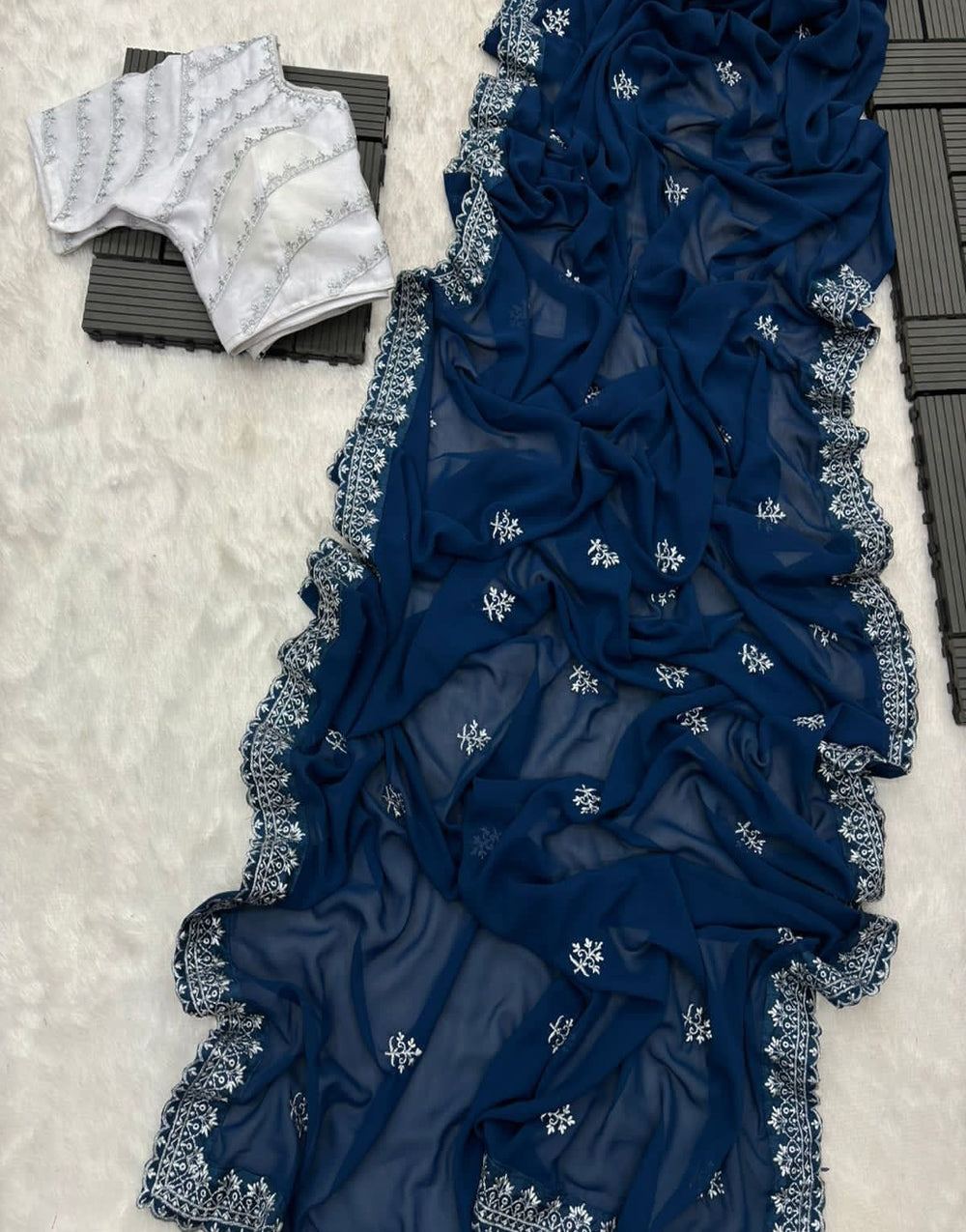 Oxford Blue Georgette Saree With Embroidery Work