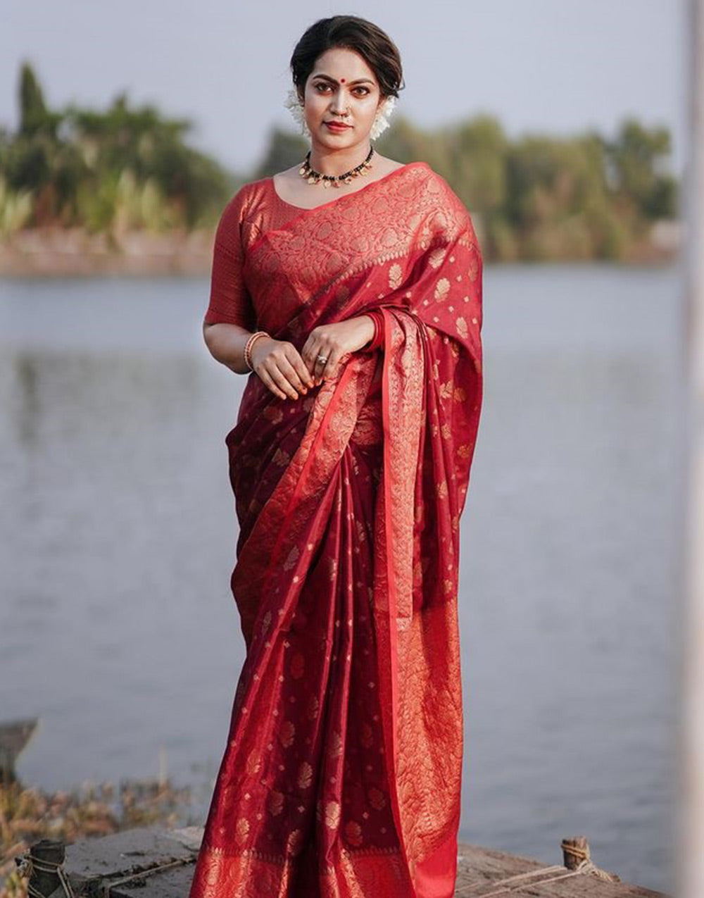 Maroon Soft Lichi Silk Saree With Zari Weaving Work