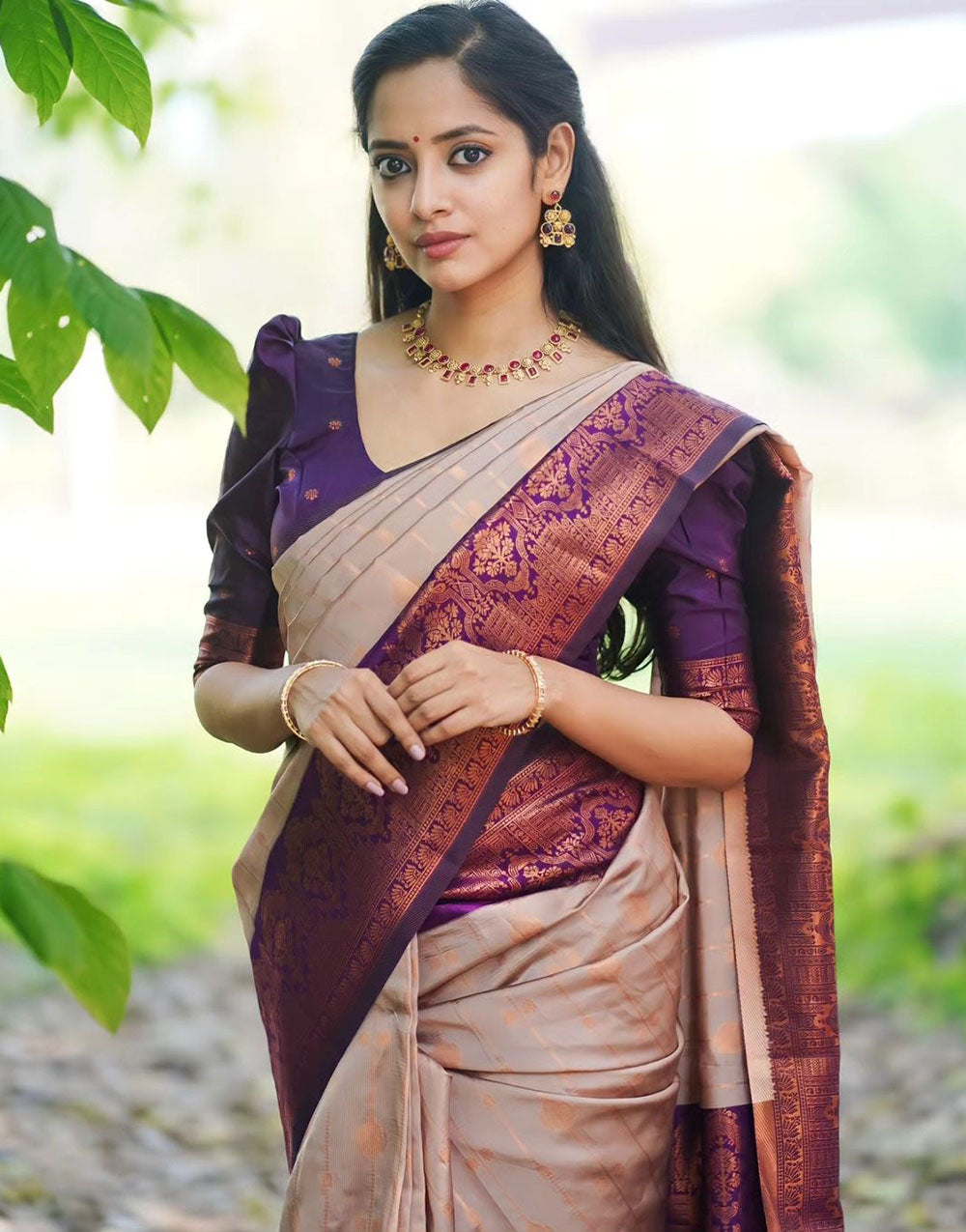 Sepia Beige & Purple Lichi Silk With Zari Weaving Saree