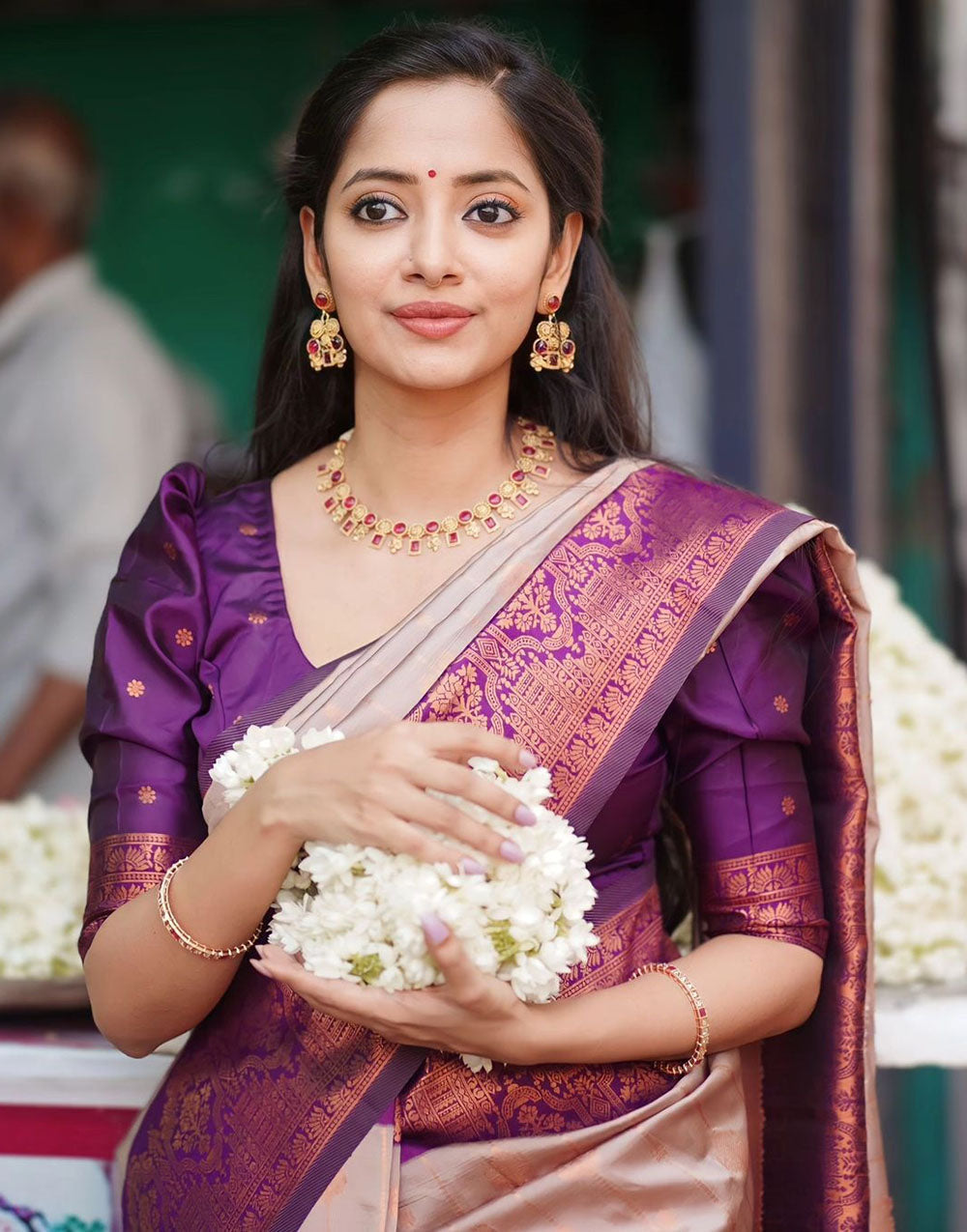 Sepia Beige & Purple Lichi Silk With Zari Weaving Saree