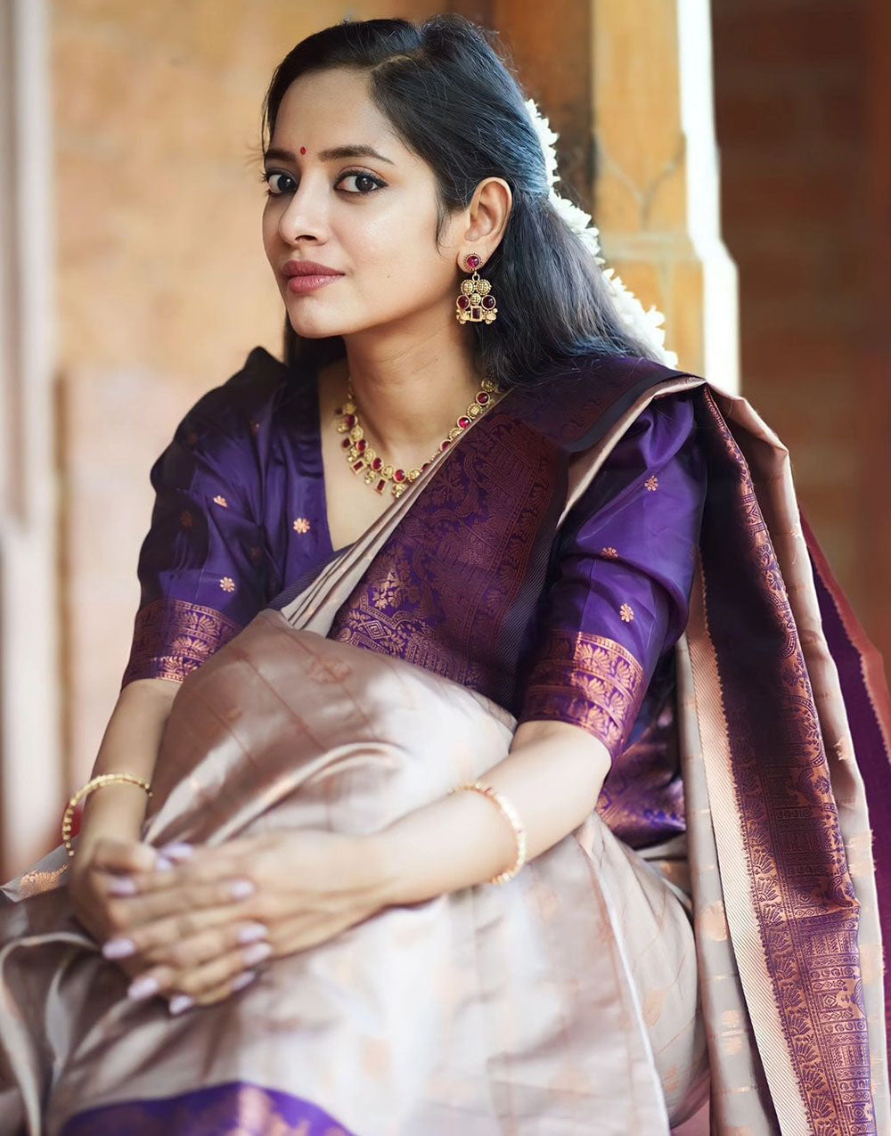 Sepia Beige & Purple Lichi Silk With Zari Weaving Saree