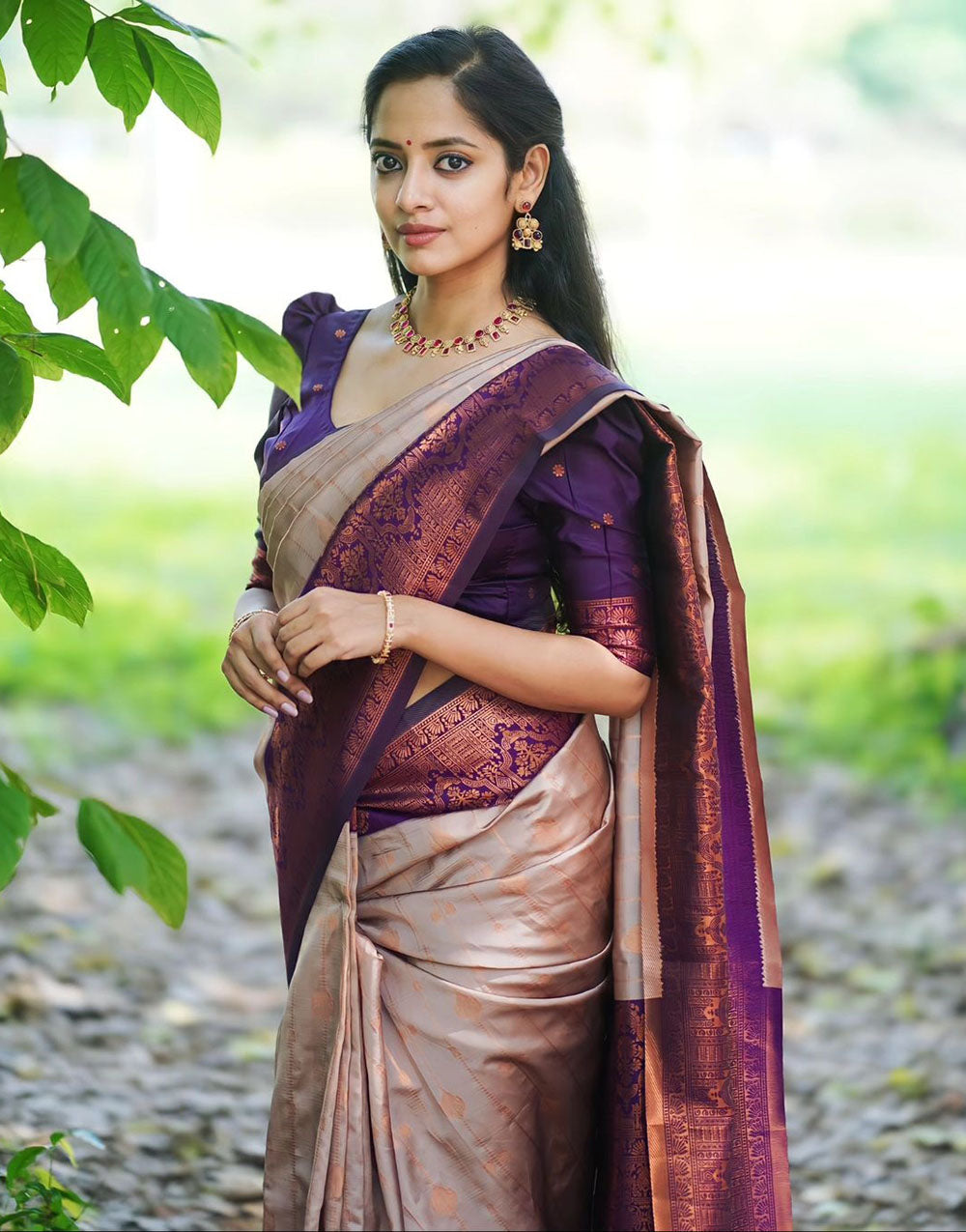Sepia Beige & Purple Lichi Silk With Zari Weaving Saree