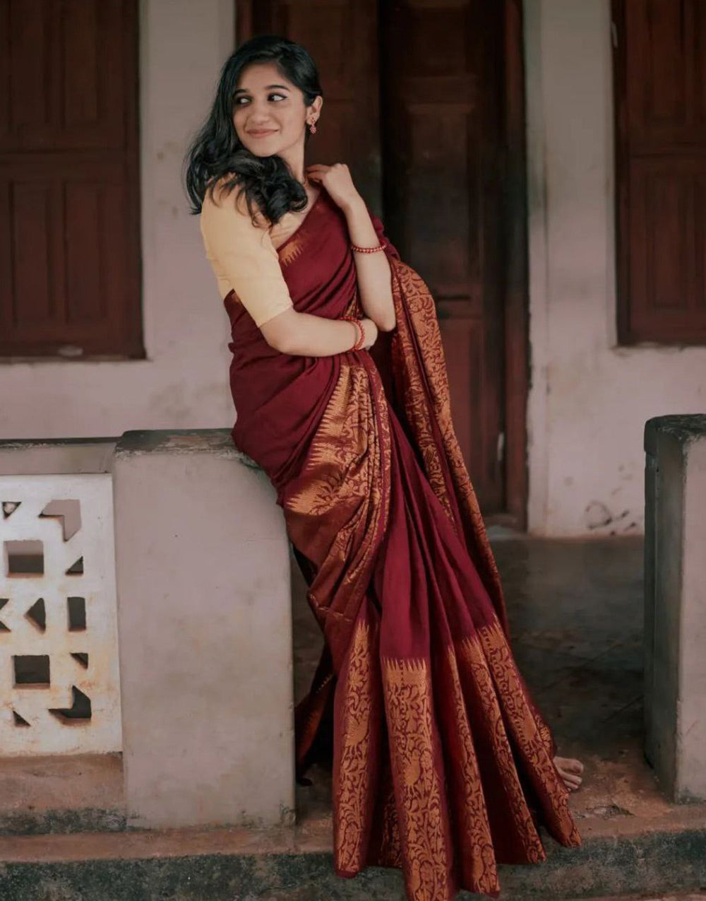 Maroon Color Soft Lichi Silk Zari Work Saree