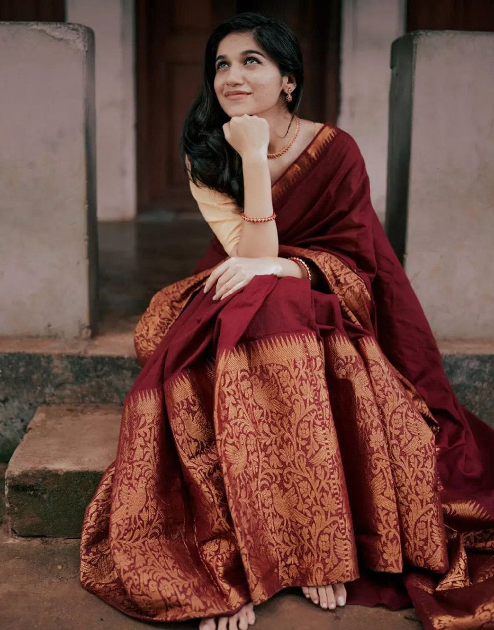Maroon Color Soft Lichi Silk Zari Work Saree