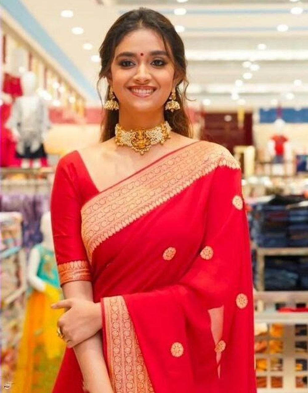 Red Soft Lichi Silk Saree With Weaving Work