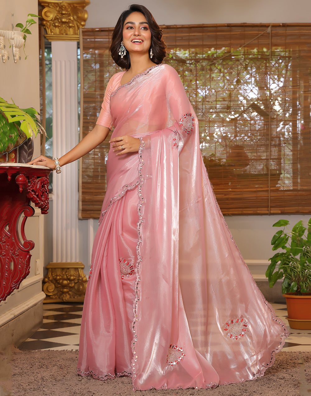 Blush Pink Organza Saree With Handwork & Real Mirror Border