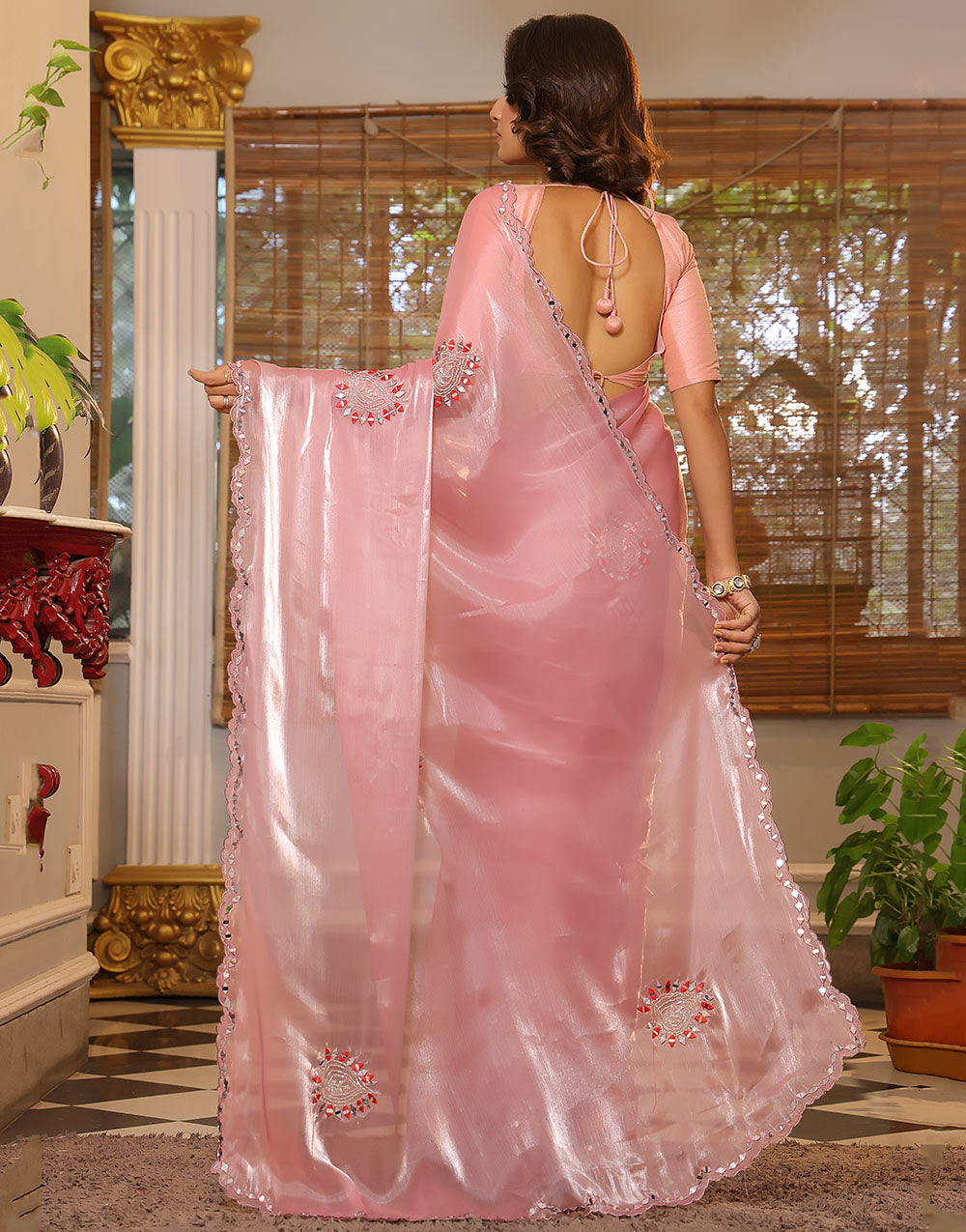 Blush Pink Organza Saree With Handwork & Real Mirror Border