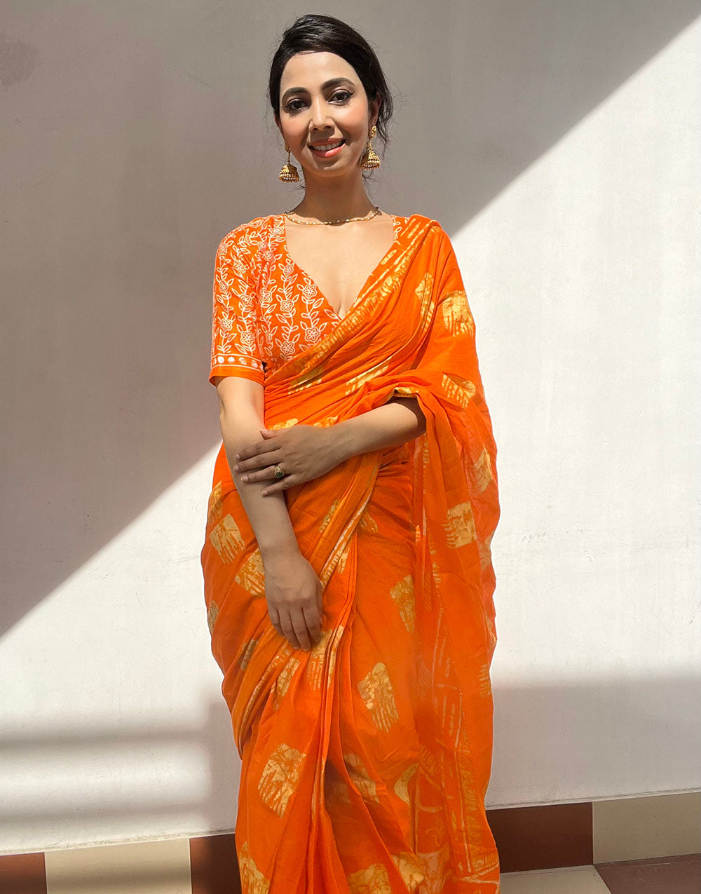 Orange Pure Soft Cotton Saree With Block Print Work