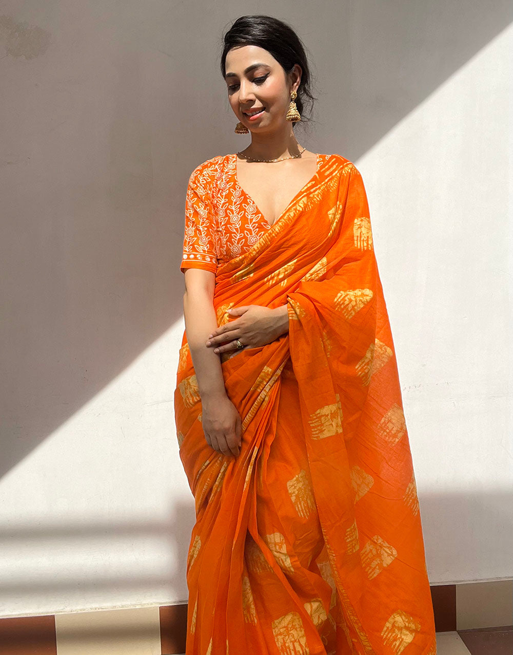 Orange Pure Soft Cotton Saree With Block Print Work