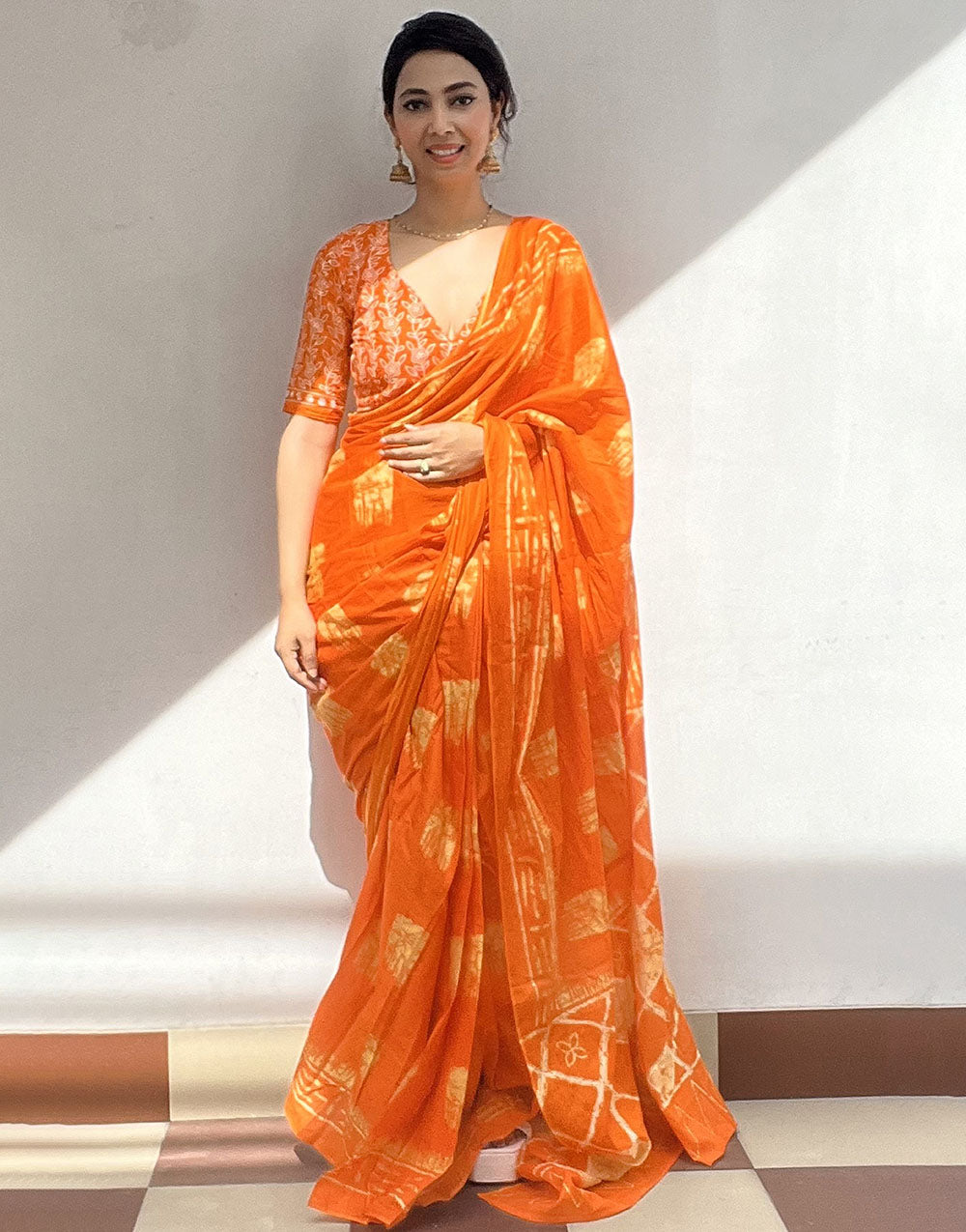 Orange Pure Soft Cotton Saree With Block Print Work