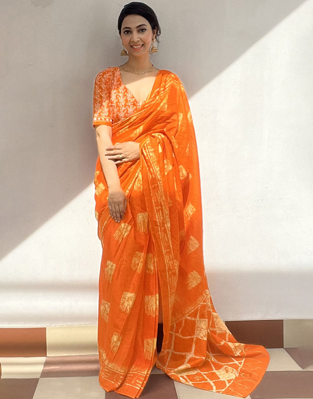Orange Pure Soft Cotton Saree With Block Print Work