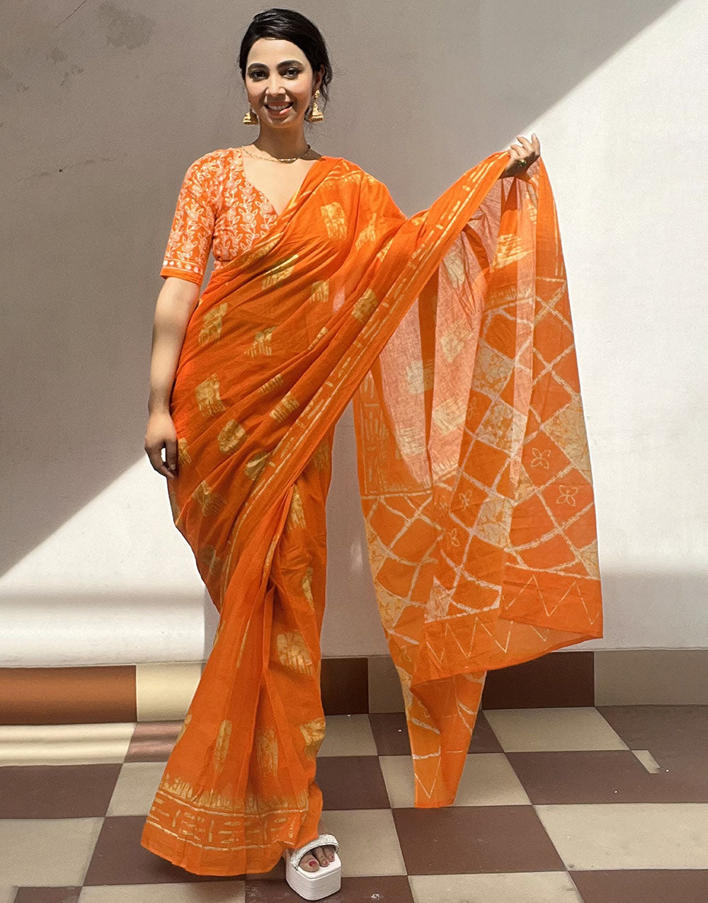 Orange Pure Soft Cotton Saree With Block Print Work