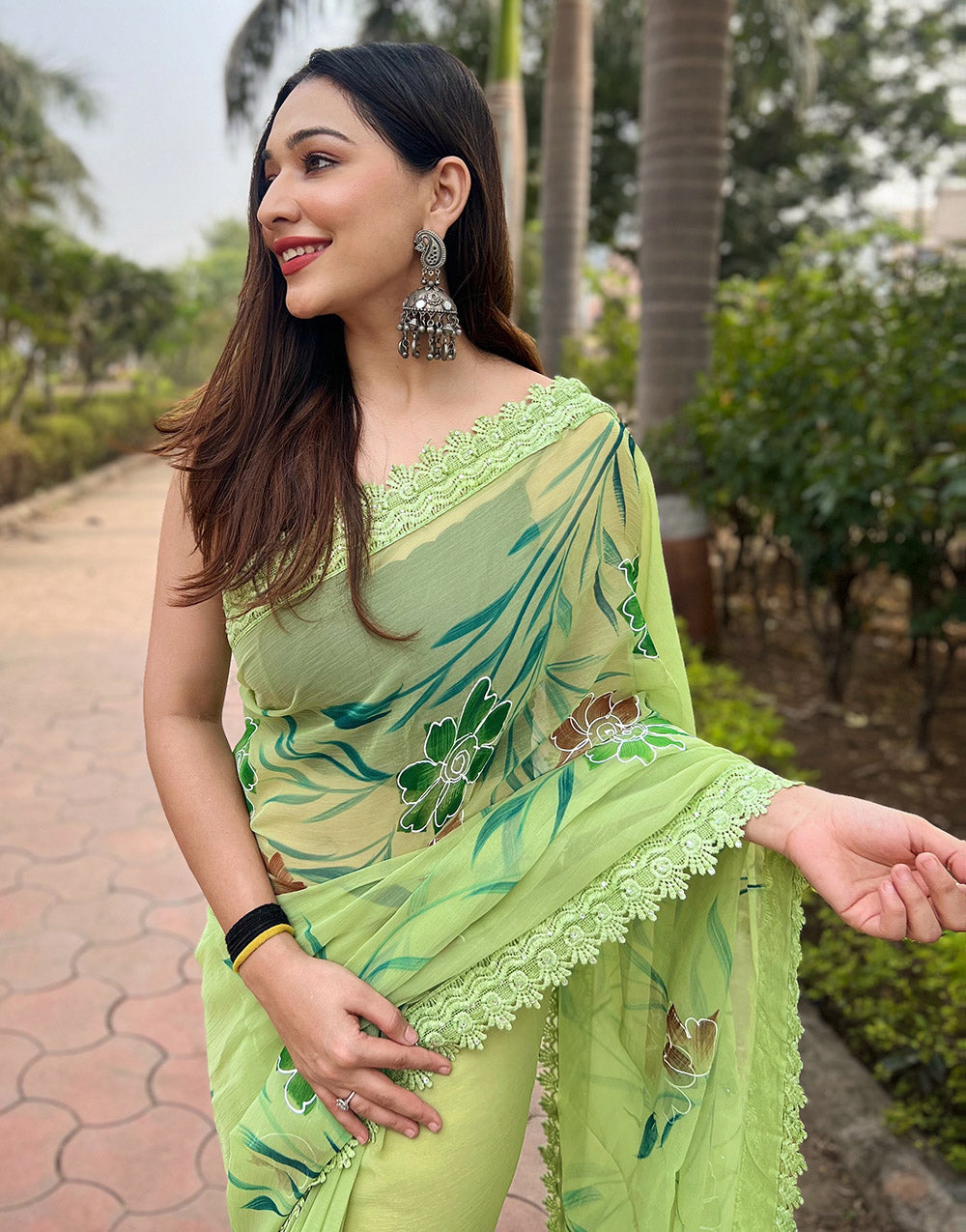 Light Green Shimmer Chiffon With Foil & Hand Print Work Lace Border