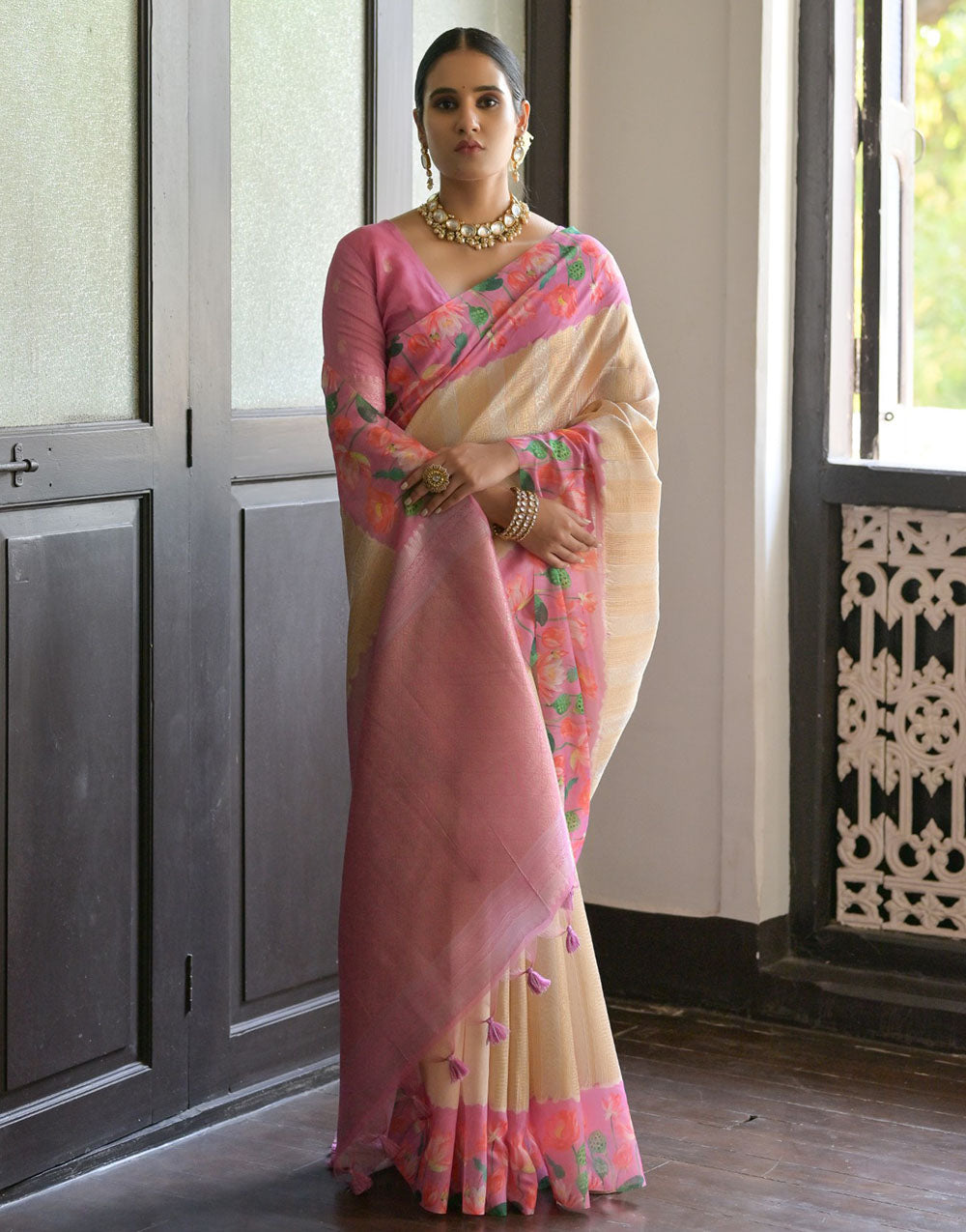 Baby Pink & Cream Soft Silk Saree With Flower Printed Work