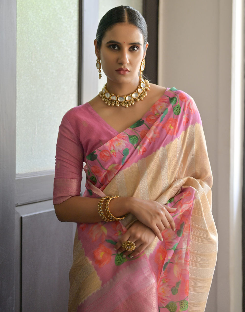 Baby Pink & Cream Soft Silk Saree With Flower Printed Work