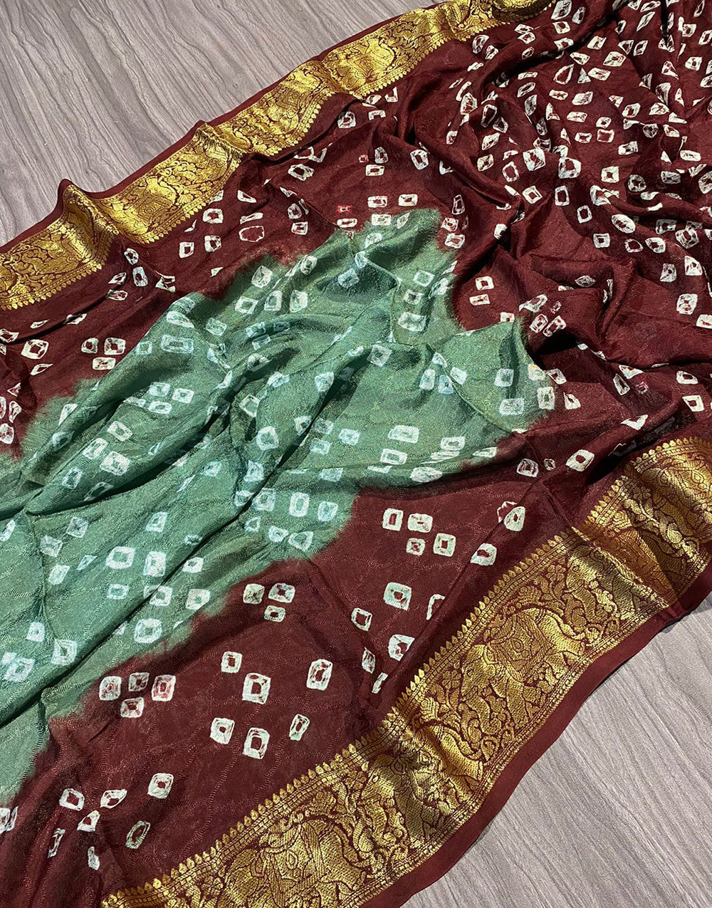 Pista & Maroon Hand Bandhej Bandhani Saree With Waving Border