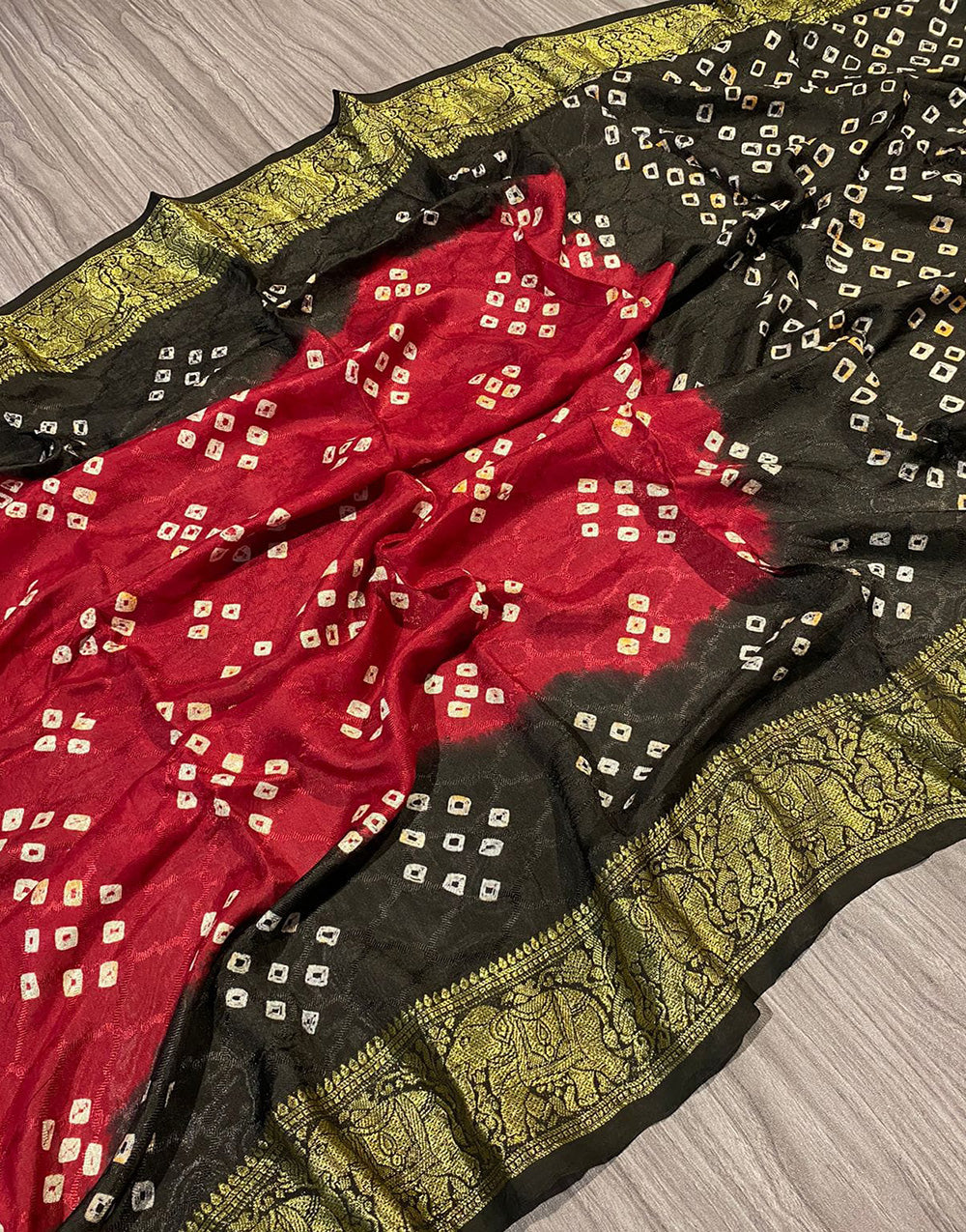 Red & Black Hand Bandhej Bandhani Saree With Waving Work