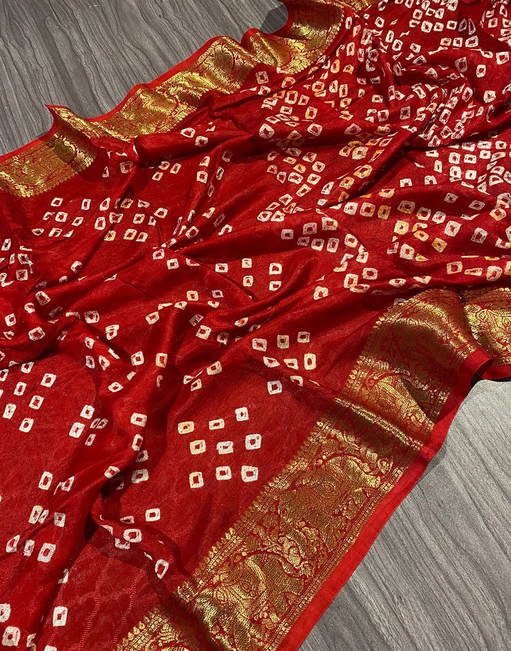Red Hand Bandhej Bandhani Saree With Waving Work