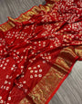 Red Hand Bandhej Bandhani Saree With Waving Work