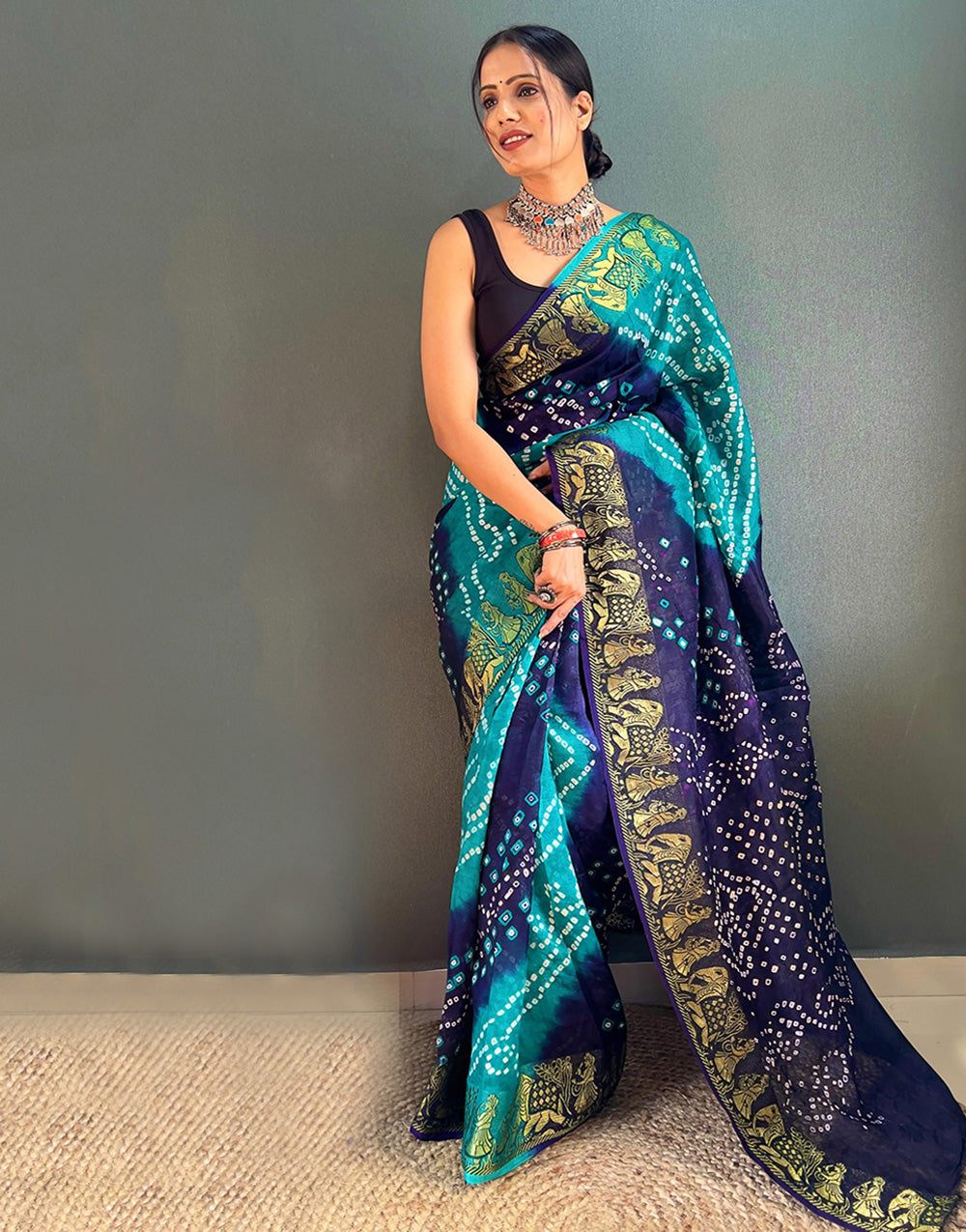 Rama Blue Hand Bandhej Bandhani Saree With Weaving Border
