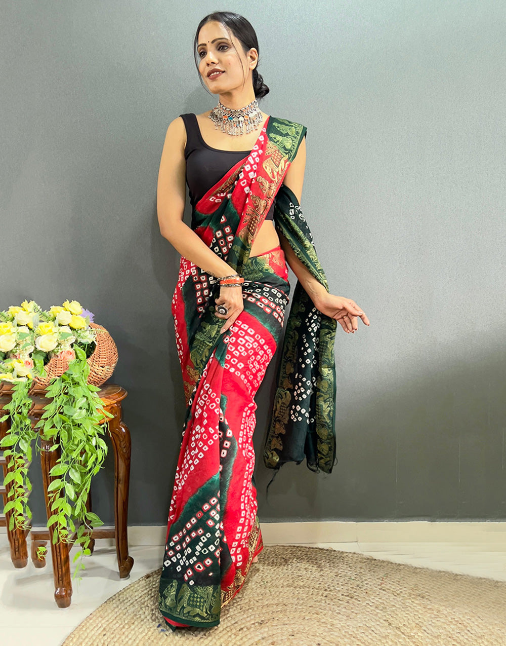 Red & Dark Green Hand Bandhej Bandhani Saree With Weaving Border
