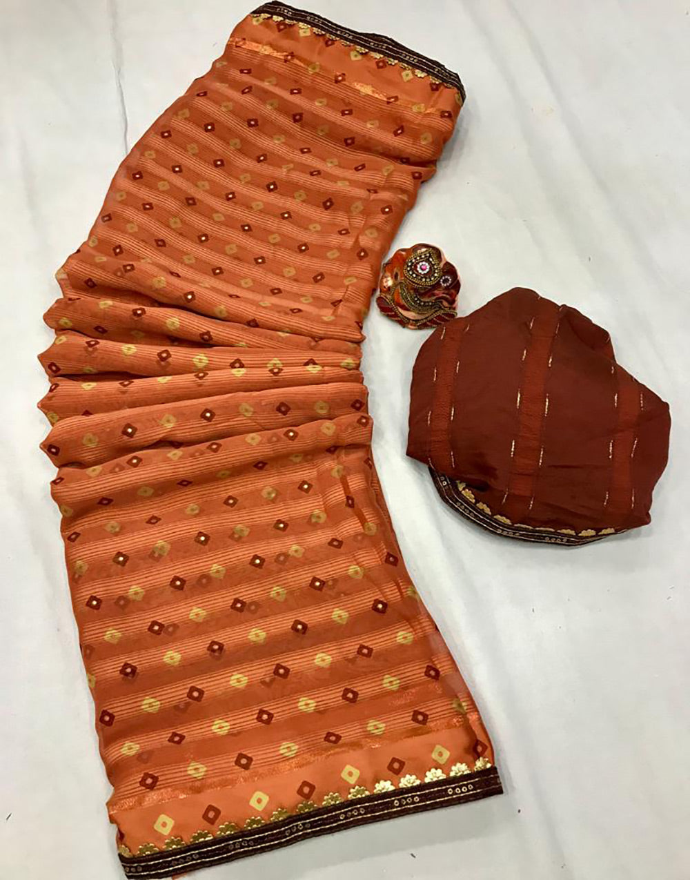 Burnt Orange Chiffon Saree With Lace Border