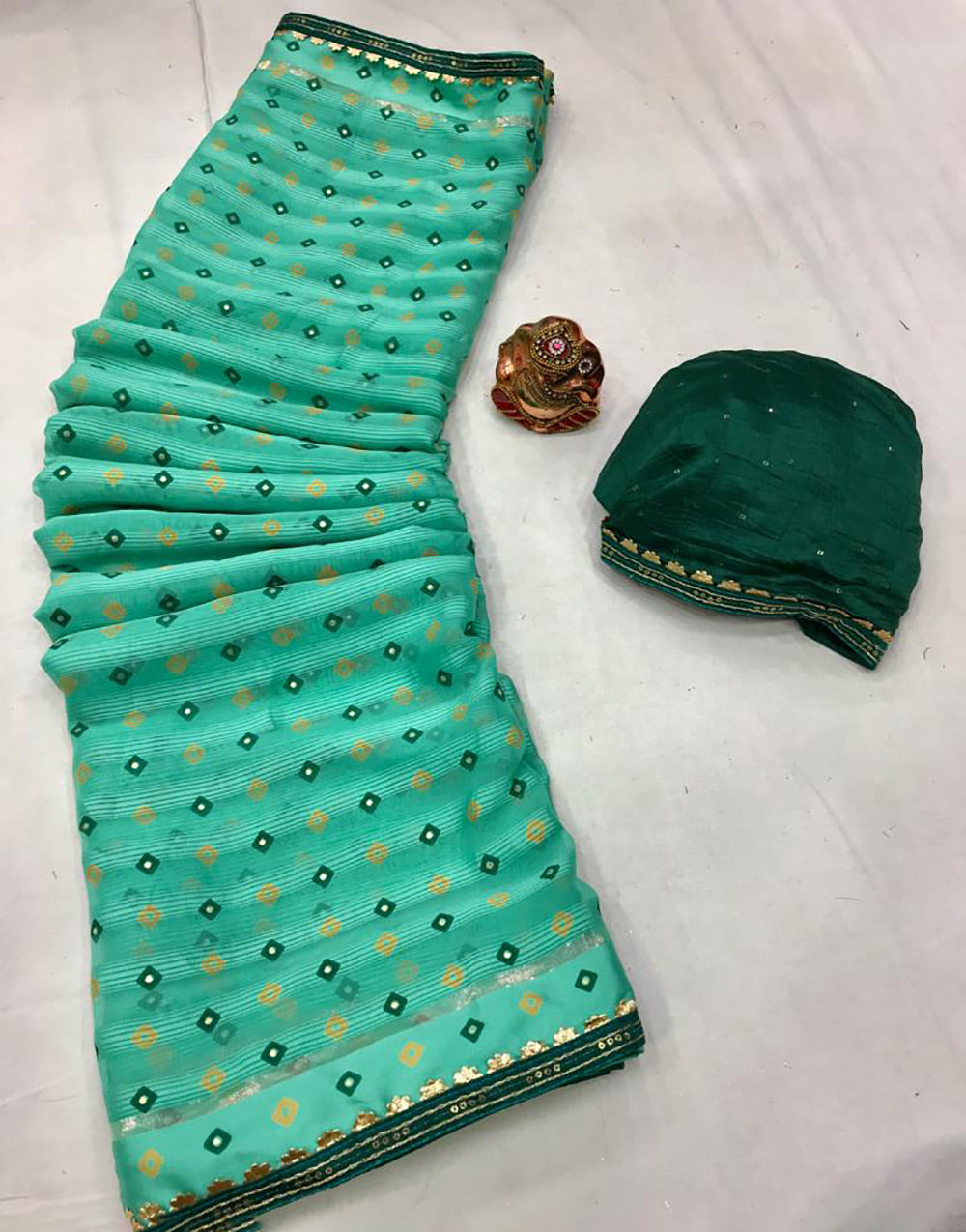 turquoise Blue Chiffon Saree With Lace Border