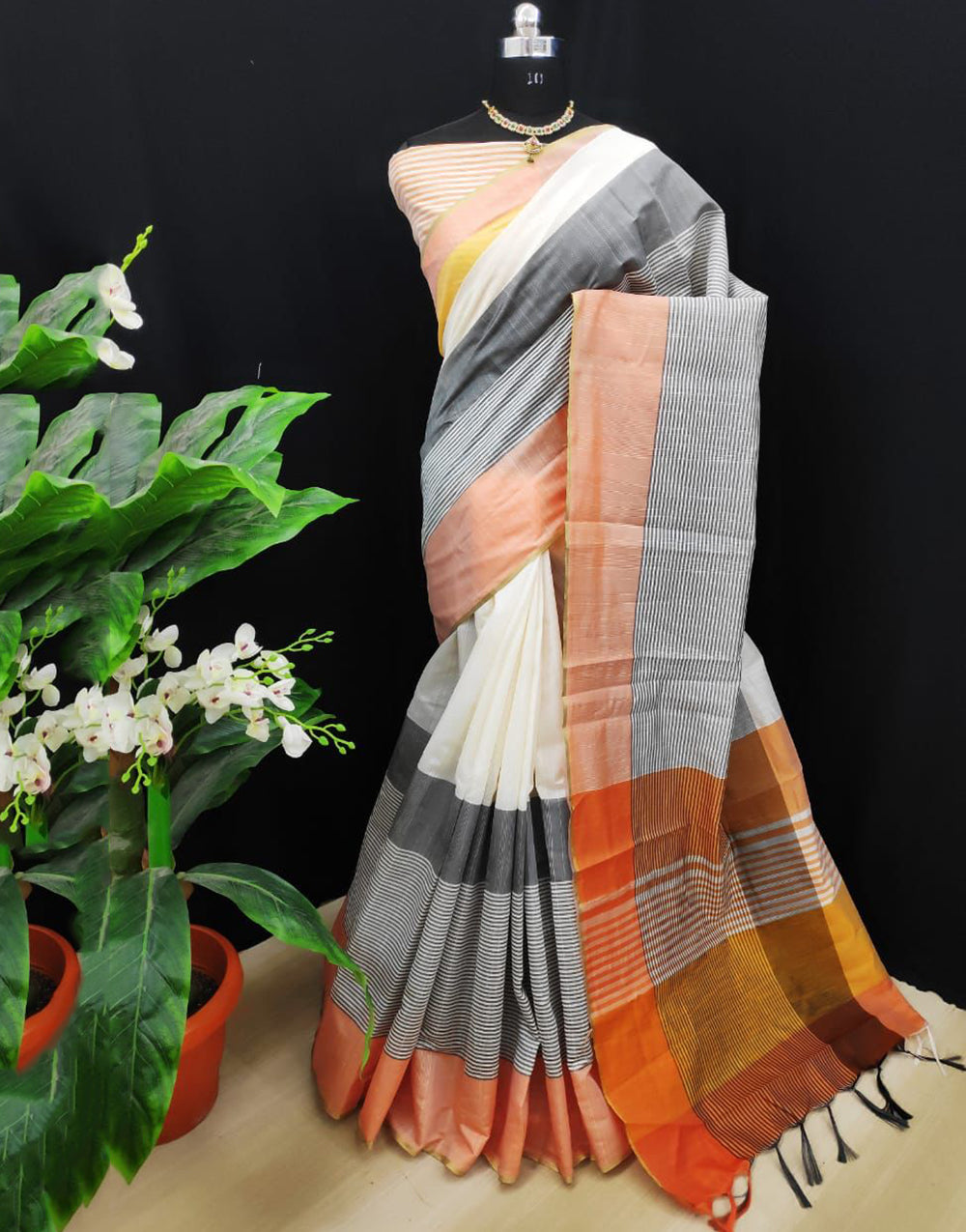 White & Orange Raw Silk Saree With Weaving Border