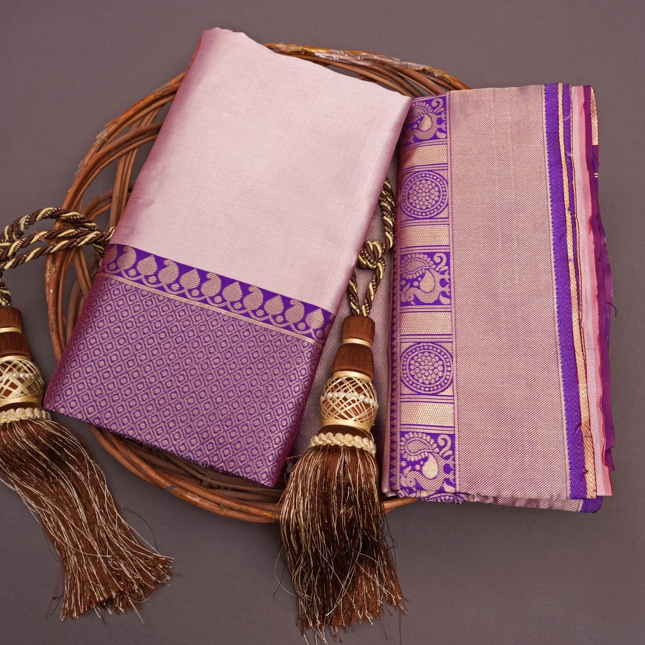 Creami Purple Kanjivaram Saree With Weaving Work