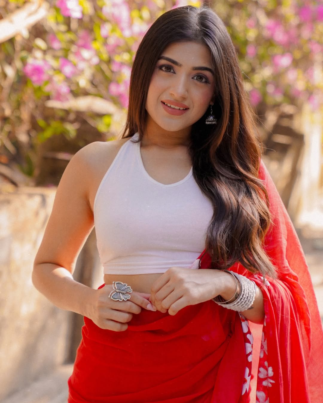 Red Mul Cotton Ready To Wear Saree With Pocket