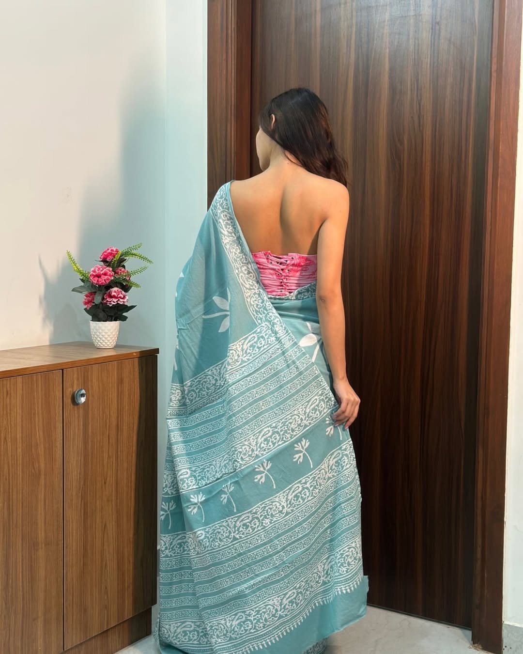 Sky Blue Mul Cotton Ready To Wear Saree With Pocket