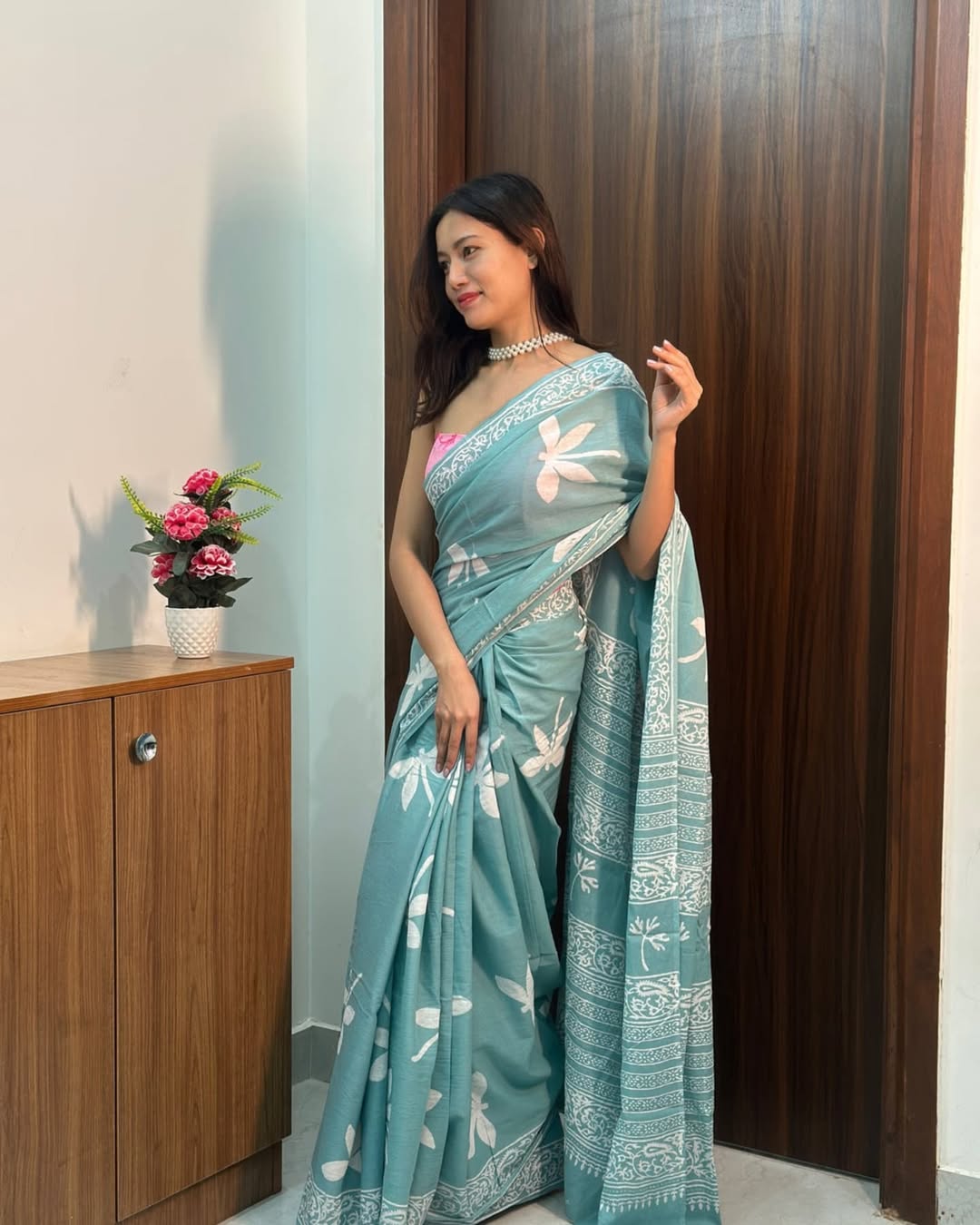 Sky Blue Mul Cotton Ready To Wear Saree With Pocket