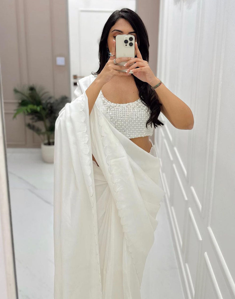 White Rangoli Silk Ready To Wear Saree With Cut Work Border