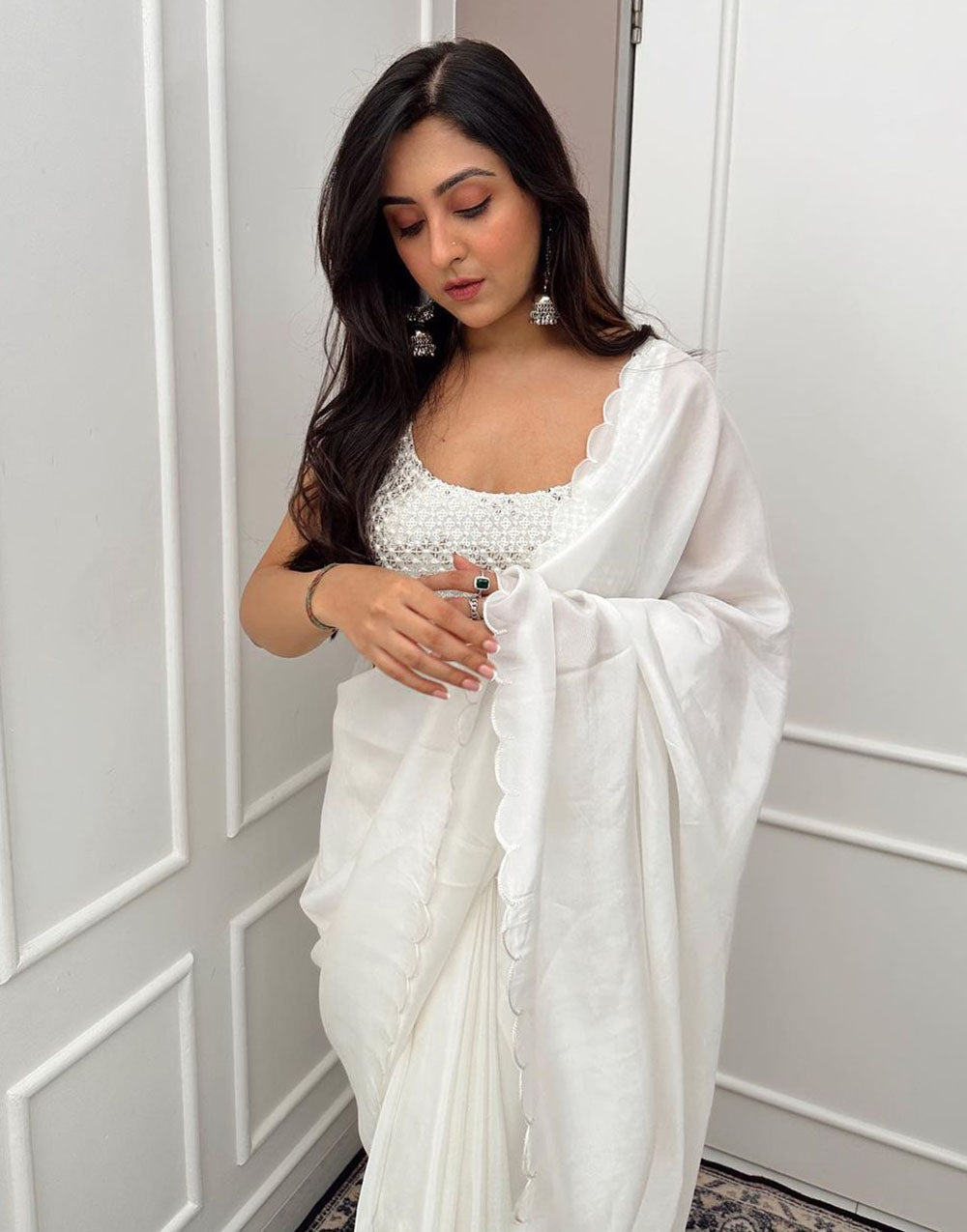 White Rangoli Silk Ready To Wear Saree With Cut Work Border